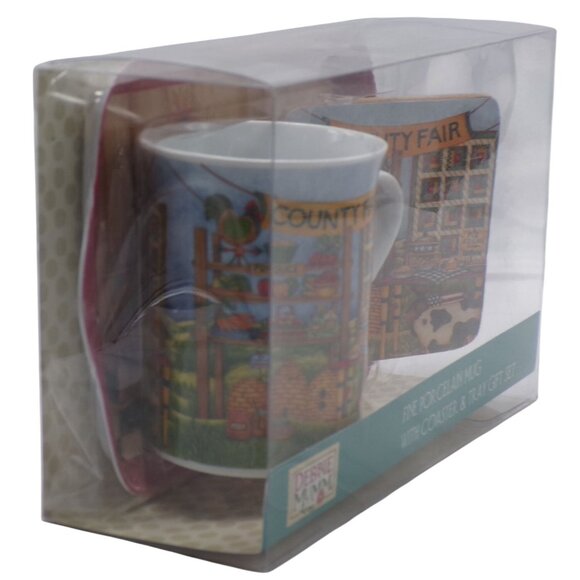 Debbie Mumm COUNTY FAIR Fine Porcelain Mug With Coaster & Tray Gift Set NIB - Picture 3 of 6